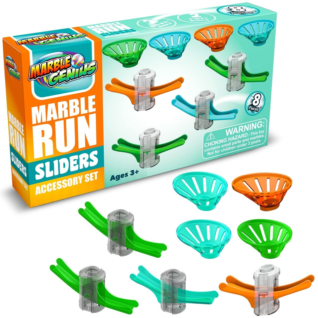Marble Genius Stunts Slider Set, 8 Pcs Total, 4 Two-Way Sliders and 4 Catch Buckets, Add-On Pieces for Extending Your Marbles Stunt Racing Runs, Ages 5 and Up